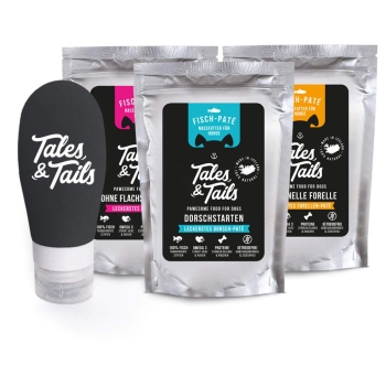 Tales & Tails PAWESOME FOOD FOR PETS Futtertube für Hunde inklusive hochwertige Belohnung zur Befüllung - inklusive 6 x 300g Nassfutter